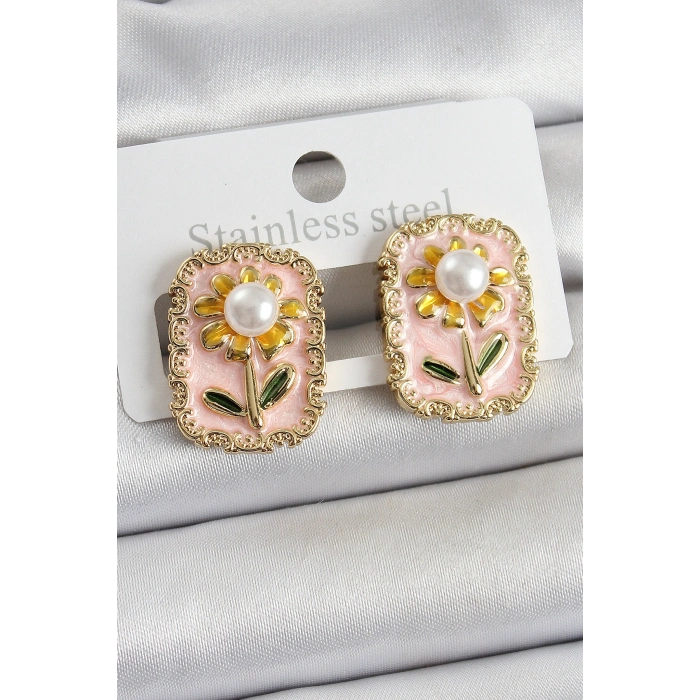 Pirinç Pembe Mineli Papatya Figürlü Sanatsal Portre Model Gold Renk Kadın Küpe