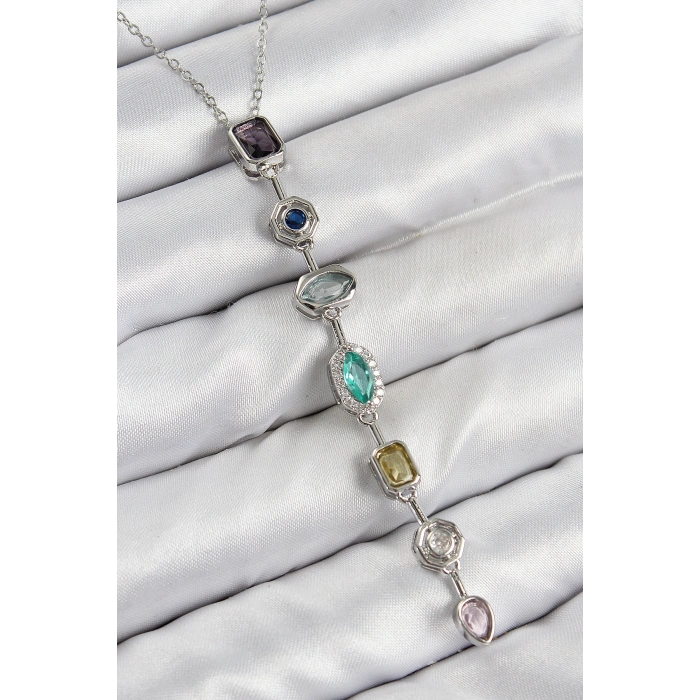 Pirinç Renkli Zirkon Taşlı Model Gümüş Renk 7 Element Kadın Y Kolye