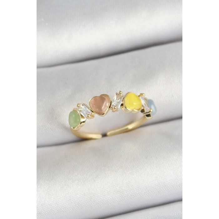 Pirinç Sıralı Kalp Figürlü Zirkon Taşlı Gold Renk Ayarlanabilir Kadın Yüzük