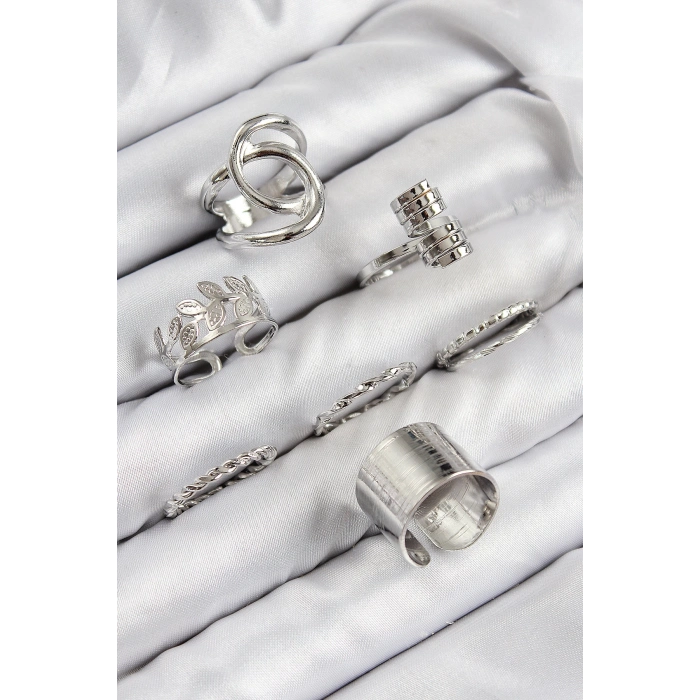 Pirinç Yaprak Model Gümüş Renk Kadın Yüzük Kombin Set