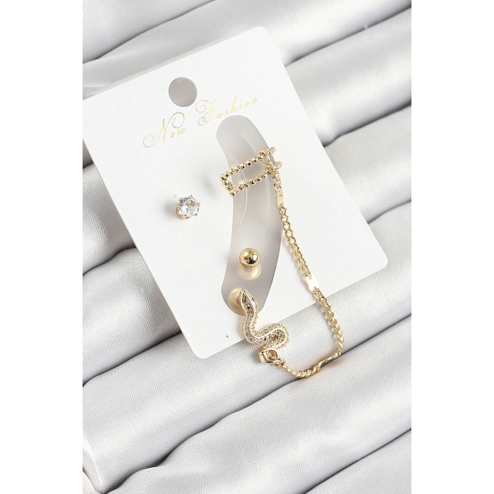 Pirinç Yılan Figürlü Zirkon Taşlı Gold Renk 3lü Kıkırdak Kadın Küpe Set