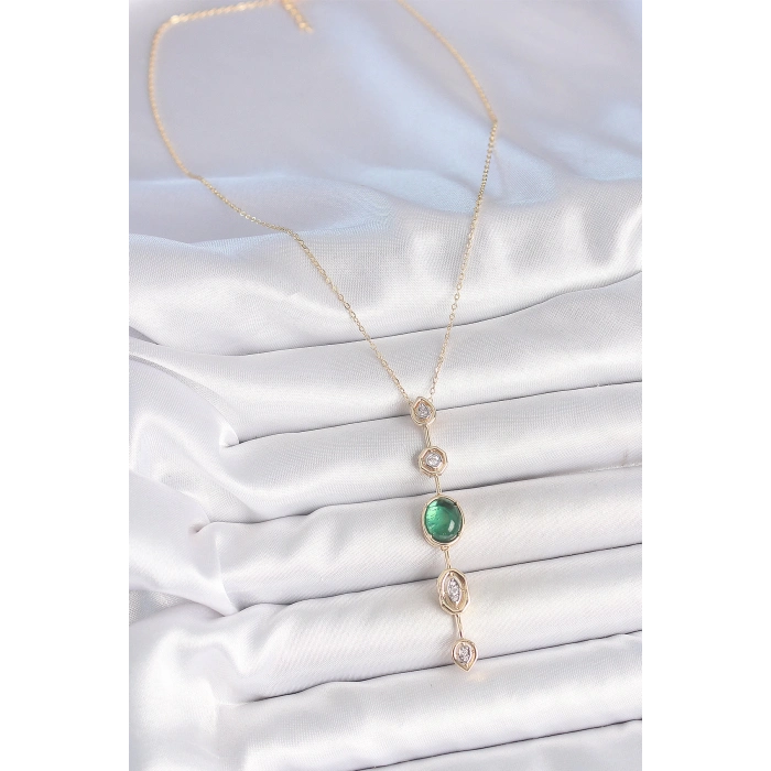 Pirinç Zincir Zümrüt Yeşil Gold Renk Zirkon Taşlı Y Kolye