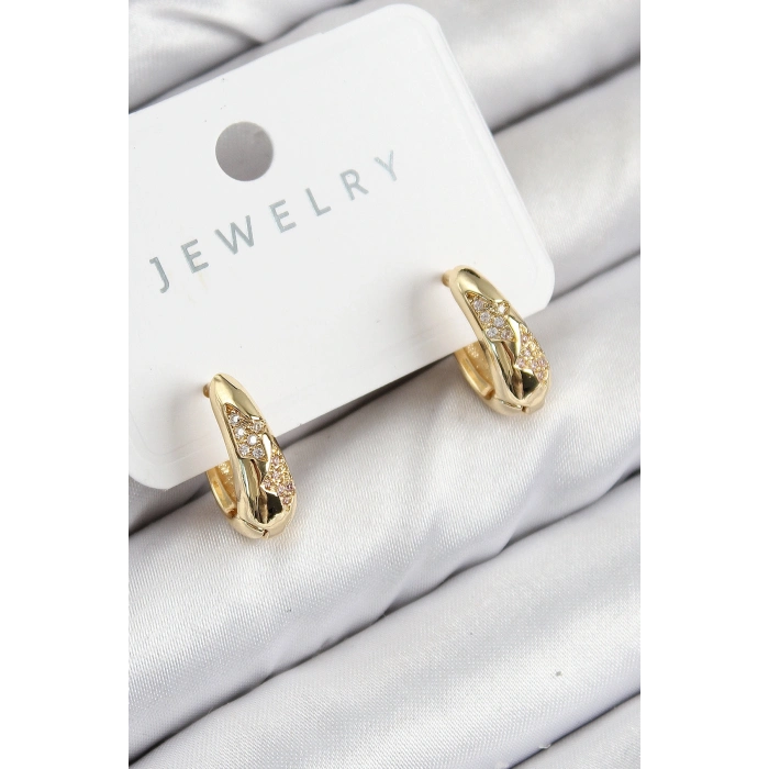 Pirinç Zirkon Taş Desenli Model Gold Renk Kadın Küpe