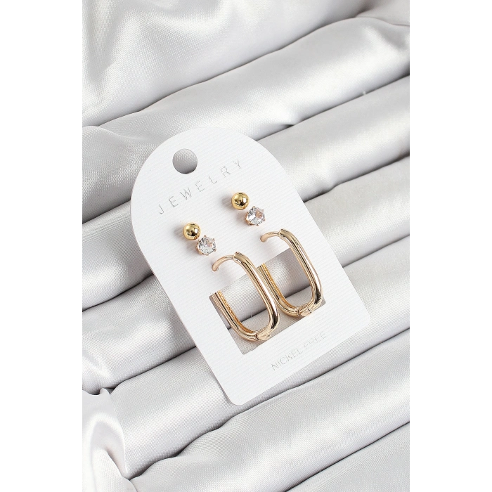 Pirinç Zirkon Taş Ve Dikdörtgen Figürlü Gold Renk 3lü Çift Kadın Küpe Set