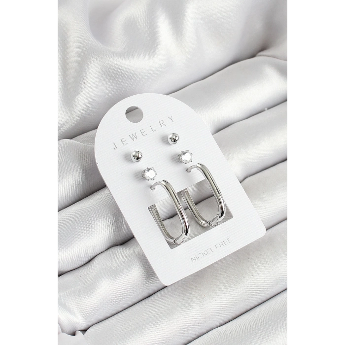 Pirinç Zirkon Taş Ve Dikdörtgen Figürlü Gümüş Renk 3lü Çift Kadın Küpe Set