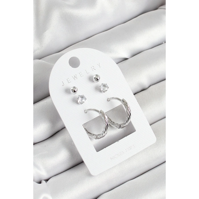 Pirinç Zirkon Taş Ve Halka Figürlü Gümüş Renk 3lü Çift Kadın Küpe Set