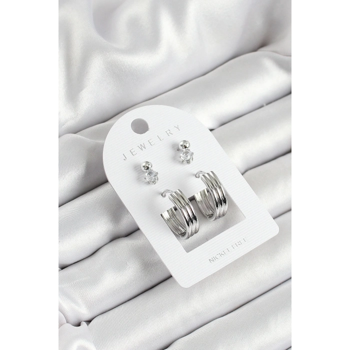 Pirinç Zirkon Taş Ve Halka Figürlü Gümüş Renk 3lü Çift Kadın Küpe Set