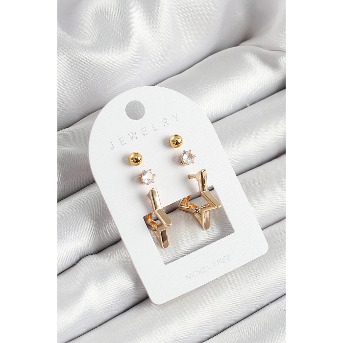 Pirinç Zirkon Taş Ve Yıldız Figürlü Gold Renk 3lü Çift Kadın Küpe Set