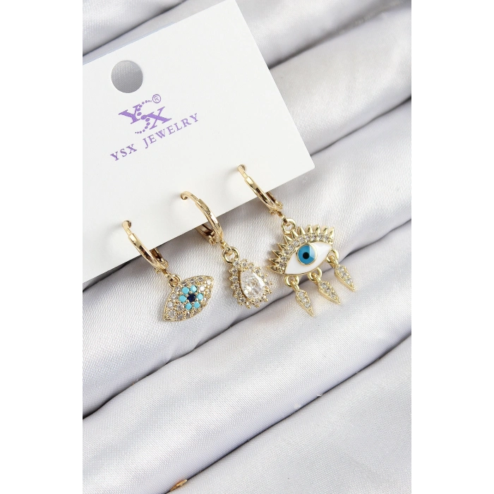 Pirinç Zirkon Taşlı 3lü Fatmanın Gözü Model Gold Renk Kadın Küpe