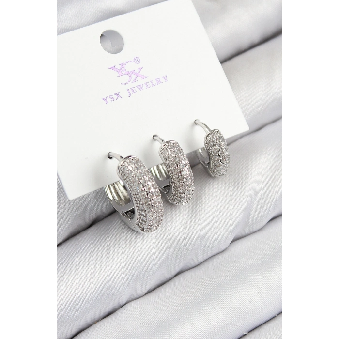 Pirinç Zirkon Taşlı 3lü Halka Model Gümüş Renk Kadın Küpe