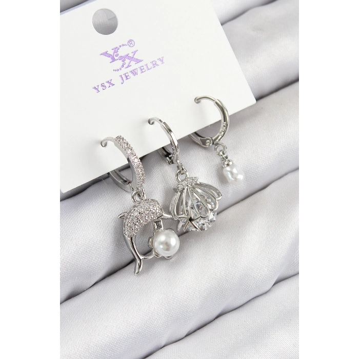 Pirinç Zirkon Taşlı 3lü Yunus Balığı Ve İstiridye Model Gümüş Renk Kadın Küpe