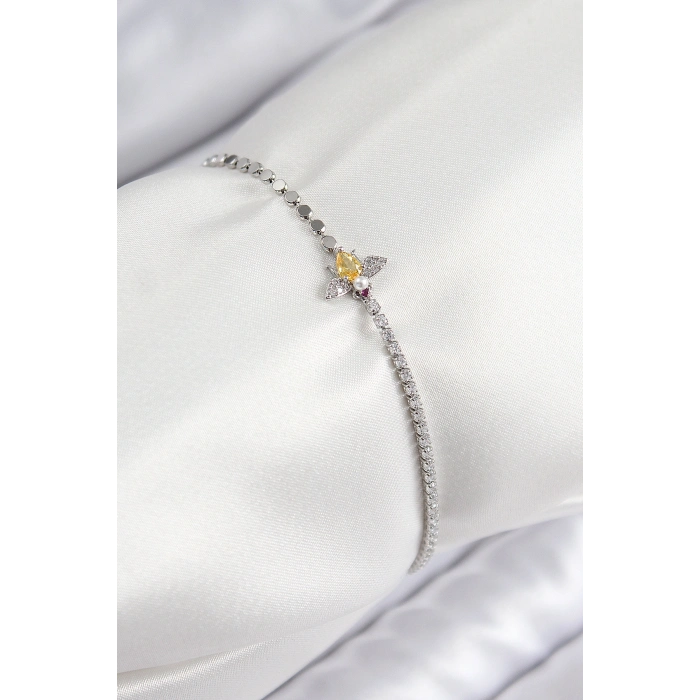 Pirinç Zirkon Taşlı Arı Model Ezme Zincir Gümüş Renk Kadın Bileklik