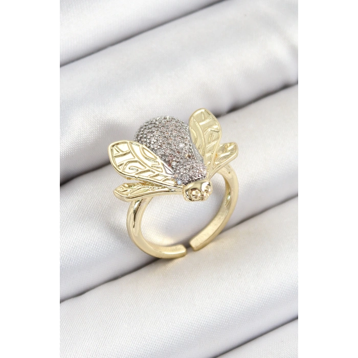 Pirinç Zirkon Taşlı Arı Model Gümüş Ve Gold Renk Kadın Yüzük