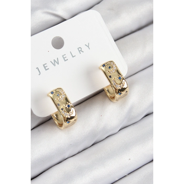 Pirinç Zirkon Taşlı Ay Desenli Model Gold Renk Kadın Küpe