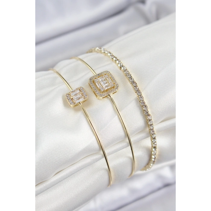 Pirinç Zirkon Taşlı Baget Model Gold Renk Vip 3lü Kadın Bileklik
