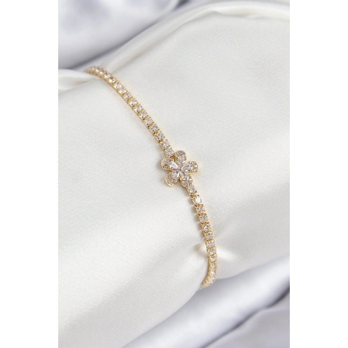 Pirinç Zirkon Taşlı Çiçek Model Gold Renk Kadın Bileklik