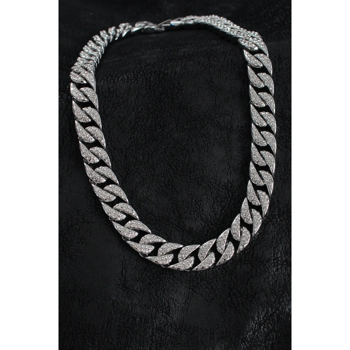 Pirinç Zirkon Taşlı Cuba Gurmet Model Gümüş Renk Erkek Kolye