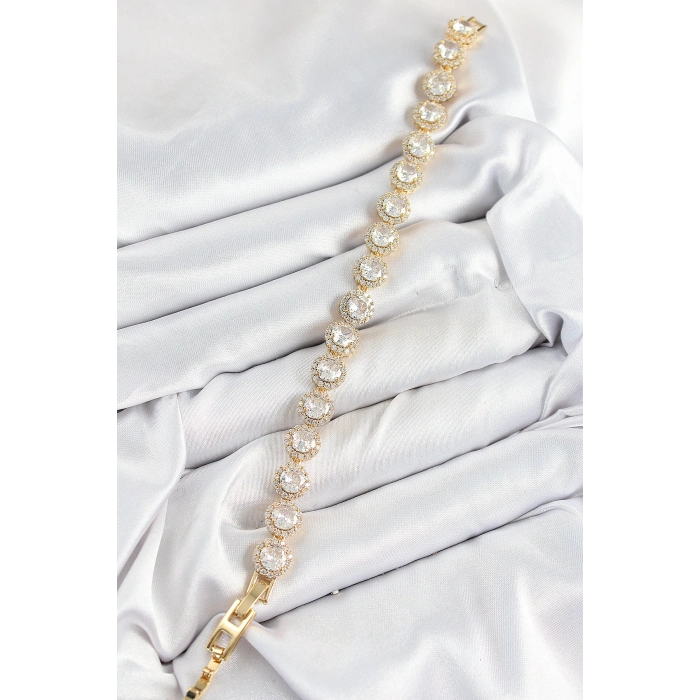 Pirinç Zirkon Taşlı Daire Baget Model Gold Renk VIP Seri Kadın Bileklik