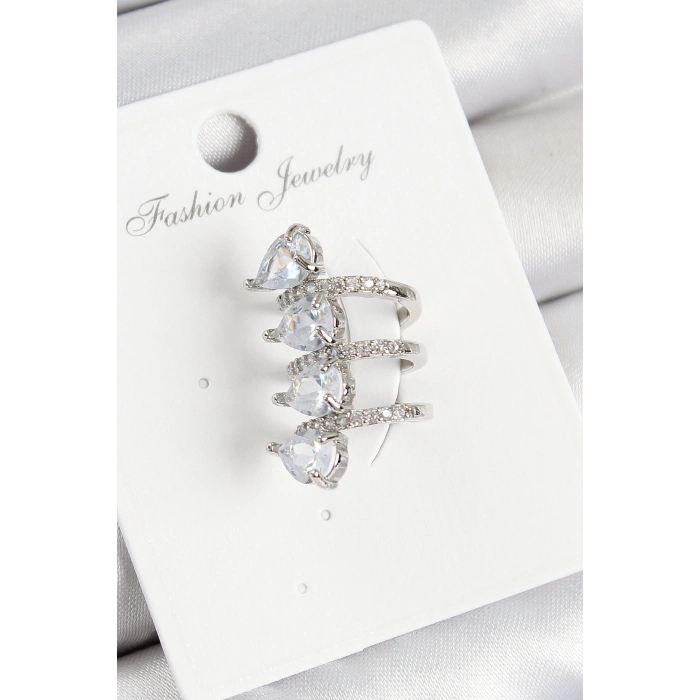 Pirinç Zirkon Taşlı Damla Model Gümüş Renk Sağ Kıkırdak Küpe