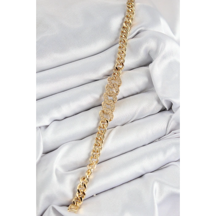 Pirinç Zirkon Taşlı Ezme Küba Zincir Model Gold Renk Kadın Bileklik