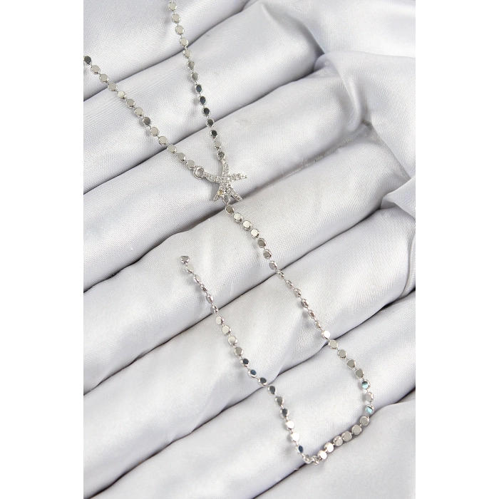 Pirinç Zirkon Taşlı Ezme Zincirli Deniz Yıldızı Model Gümüş Renk Y Kolye