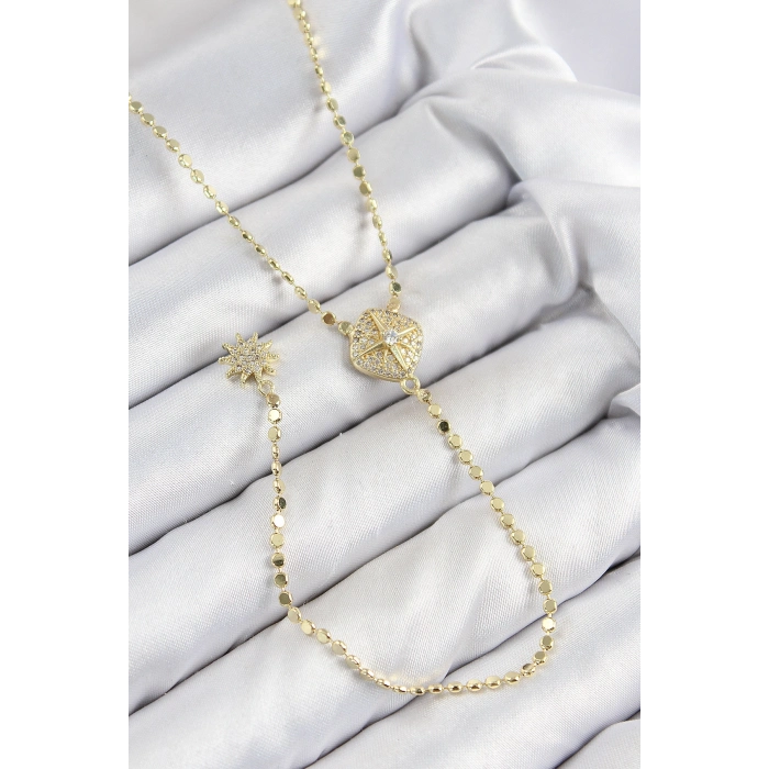 Pirinç Zirkon Taşlı Ezme Zincirli Madalyon Model Gold Renk Y Kolye