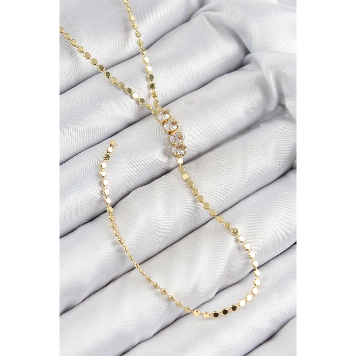 Pirinç Zirkon Taşlı Ezme Zincirli Model Gold Renk Y Kolye