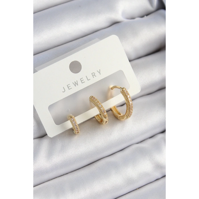 Pirinç Zirkon Taşlı Halka Model Gold Renk 3lü Çift Kadın Küpe Set