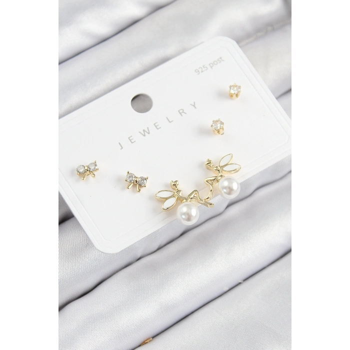 Pirinç Zirkon Taşlı İnci Melek Model Gold Renk 925 Ayar Gümüş Çivi Kadın Küpe Set