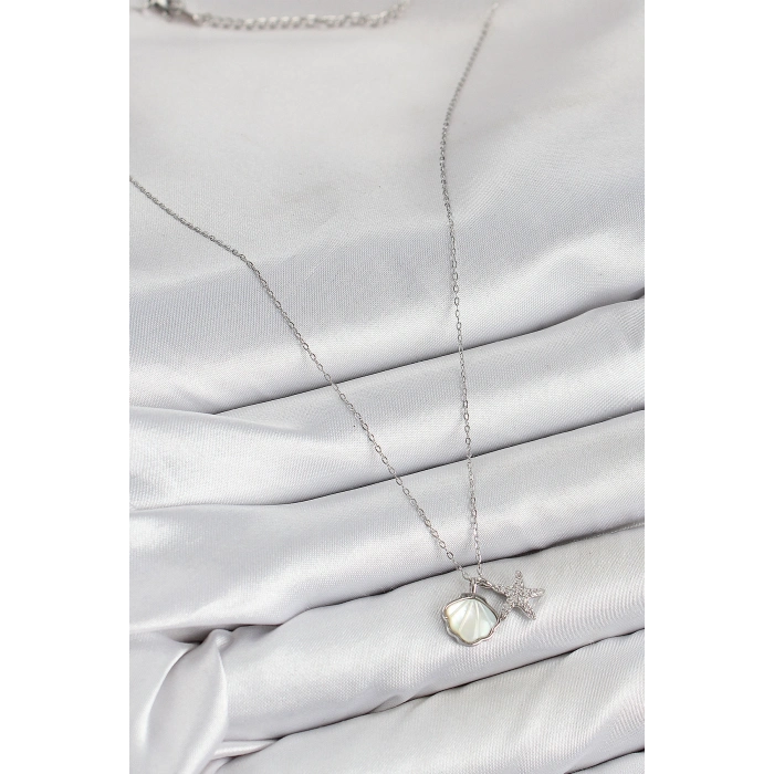 Pirinç Zirkon Taşlı İstiridye Ve Deniz Yıldızı Model Gümüş Renk Kadın Kolye