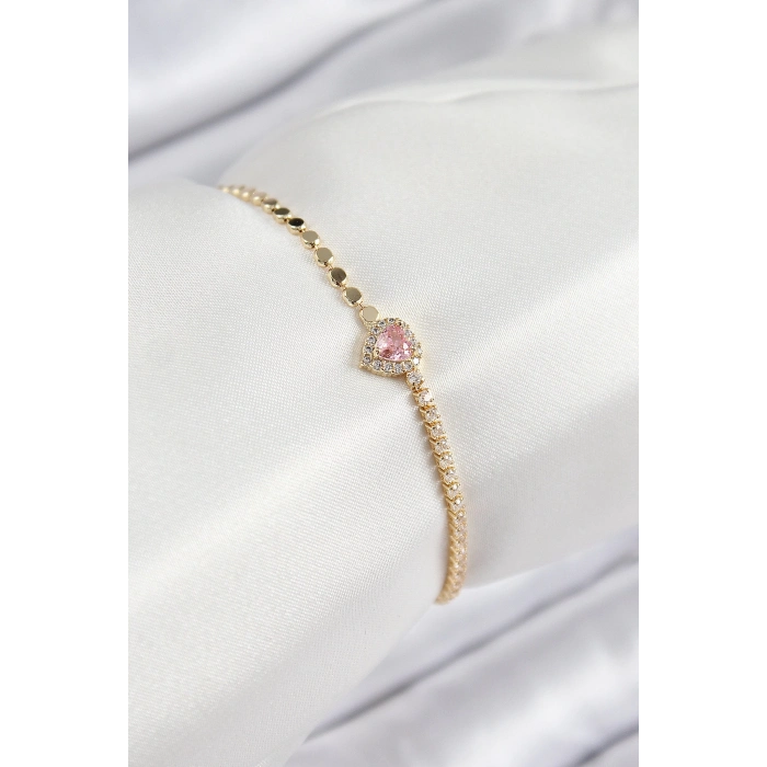 Pirinç Zirkon Taşlı Kalp Model Ezme Zincir Gold Renk Kadın Bileklik