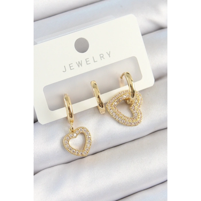 Pirinç Zirkon Taşlı Kalp Model Gold Renk 3lü Çift Kadın Küpe Set