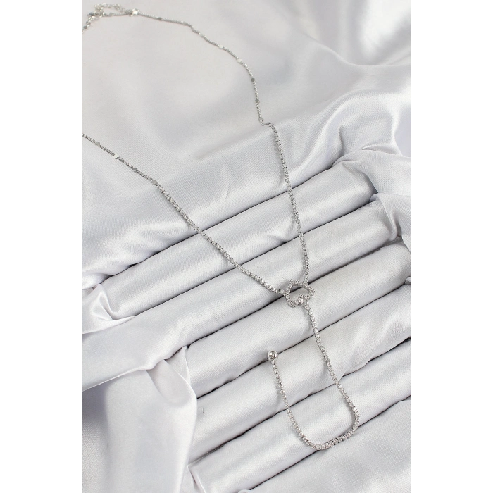 Pirinç Zirkon Taşlı Kalp Model Gümüş Renk  Y Kolye