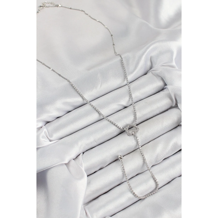 Pirinç Zirkon Taşlı Kalp Model Gümüş Renk  Y Kolye