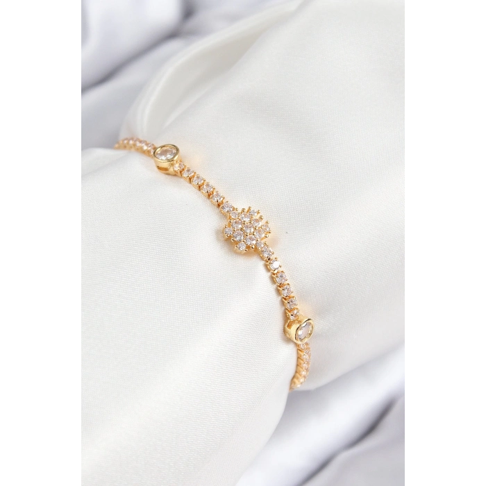 Pirinç Zirkon Taşlı Kar Tanesi Model Gold Renk Asansörlü Kadın Bileklik