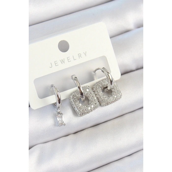 Pirinç Zirkon Taşlı Kare Model Gümüş Renk 3lü Çift Kadın Küpe Set