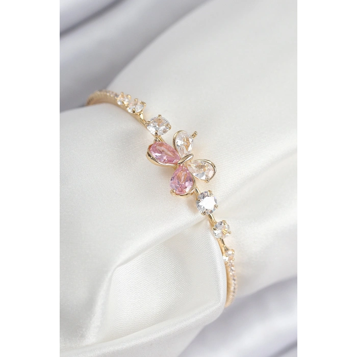 Pirinç Zirkon Taşlı Kelebek Model Gold Renk Kadın Bileklik