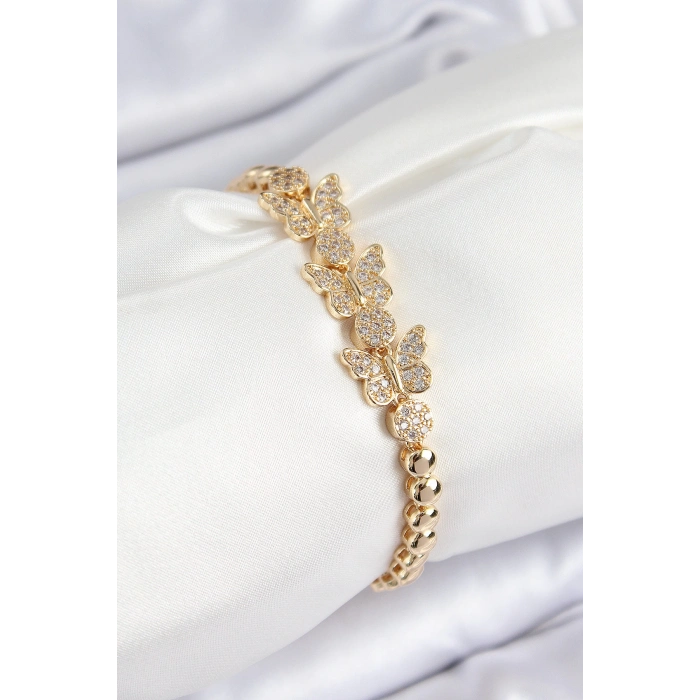 Pirinç Zirkon Taşlı Kelebek Model Gold Renk Kadın Bileklik
