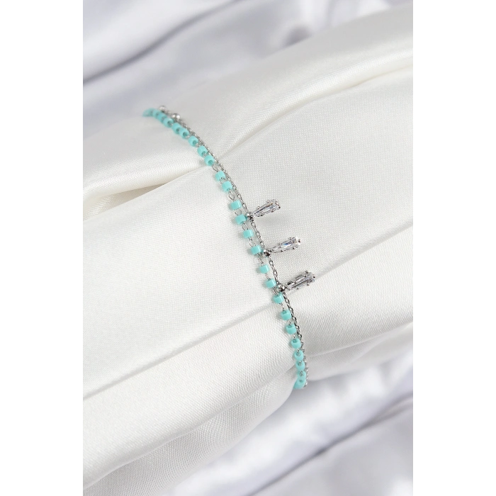 Pirinç Zirkon Taşlı Mavi Boncuklu Model Gümüş Renk Kadın Bileklik