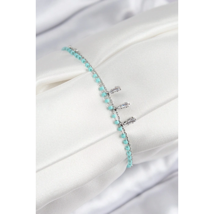 Pirinç Zirkon Taşlı Mavi Boncuklu Model Gümüş Renk Kadın Bileklik