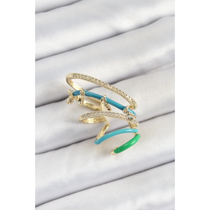 Pirinç Zirkon Taşlı Mavi Yeşil Sıkıştırma Sağ Kıkırdak Gold Renk Kadın Küpe