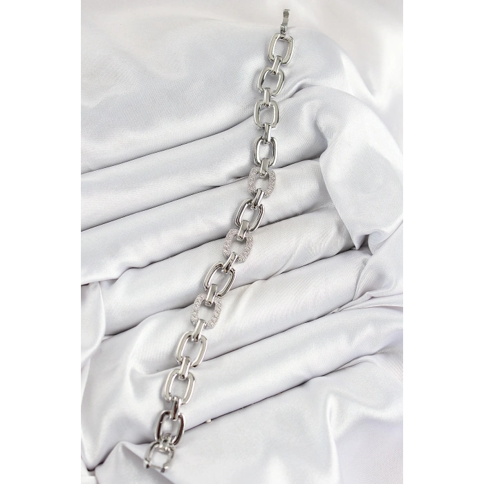 Pirinç Zirkon Taşlı Parçalı Zincir Model Gümüş Renk Kadın Bileklik