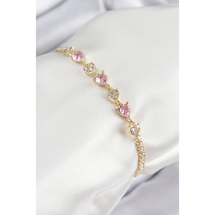 Pirinç Zirkon Taşlı Pembe Kalp Model Gold Renk Kadın Bileklik