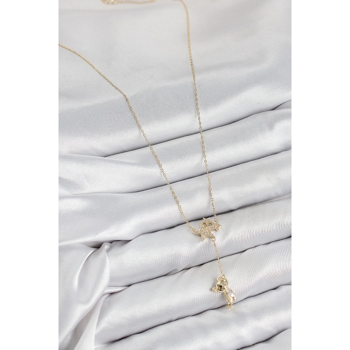 Pirinç Zirkon Taşlı Sallantılı Ayıcıklı Yıldız Model Gold Renk Kadın Kolye