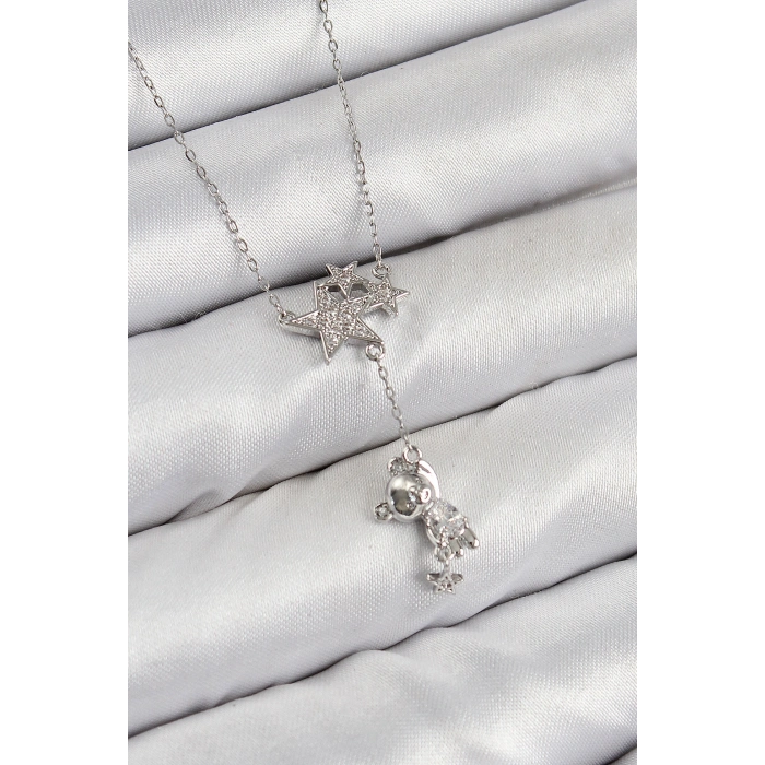 Pirinç Zirkon Taşlı Sallantılı Ayıcıklı Yıldız Model Gümüş Renk Kadın Kolye
