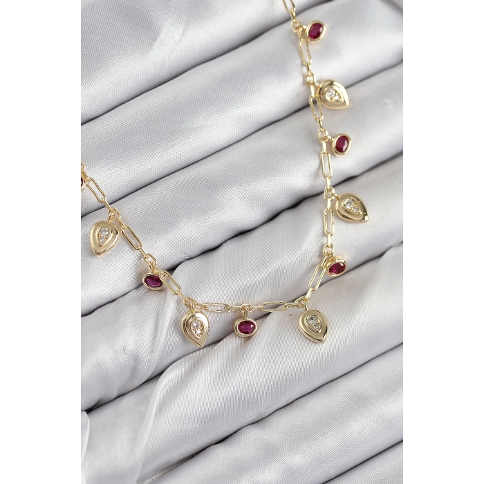 Pirinç Zirkon Taşlı Sallantılı Damla Model Gold Renk Kadın Kolye