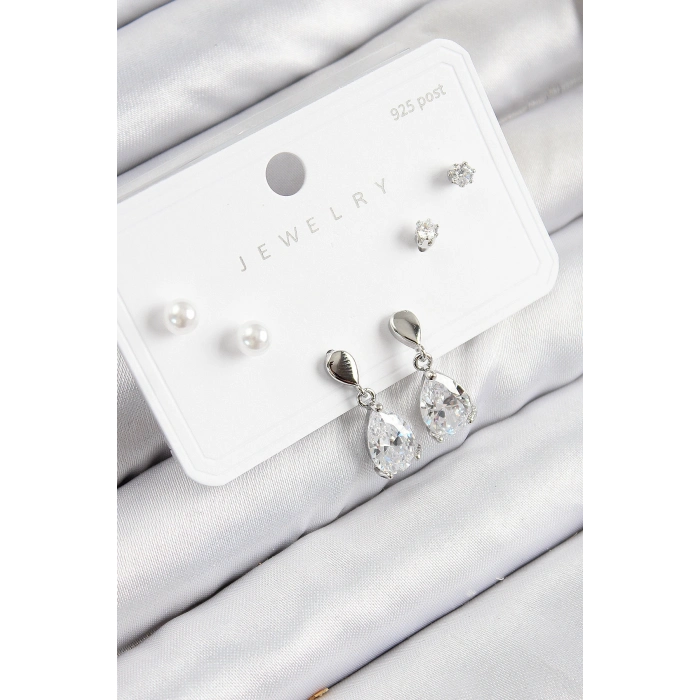 Pirinç Zirkon Taşlı Sallantılı Damla Model Gümüş Renk 925 Ayar Gümüş Çivi Kadın Küpe Set