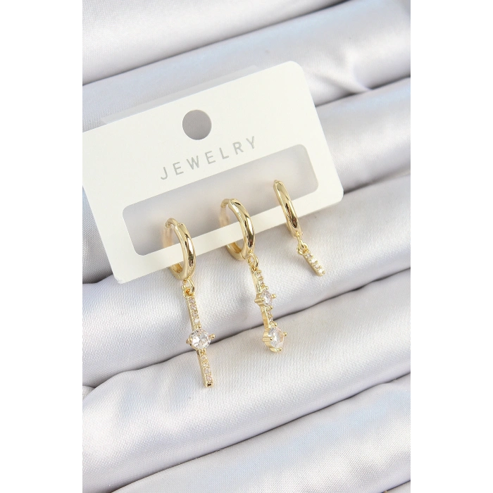 Pirinç Zirkon Taşlı Sallantılı Model Gold Renk 3lü Çift Kadın Küpe Set