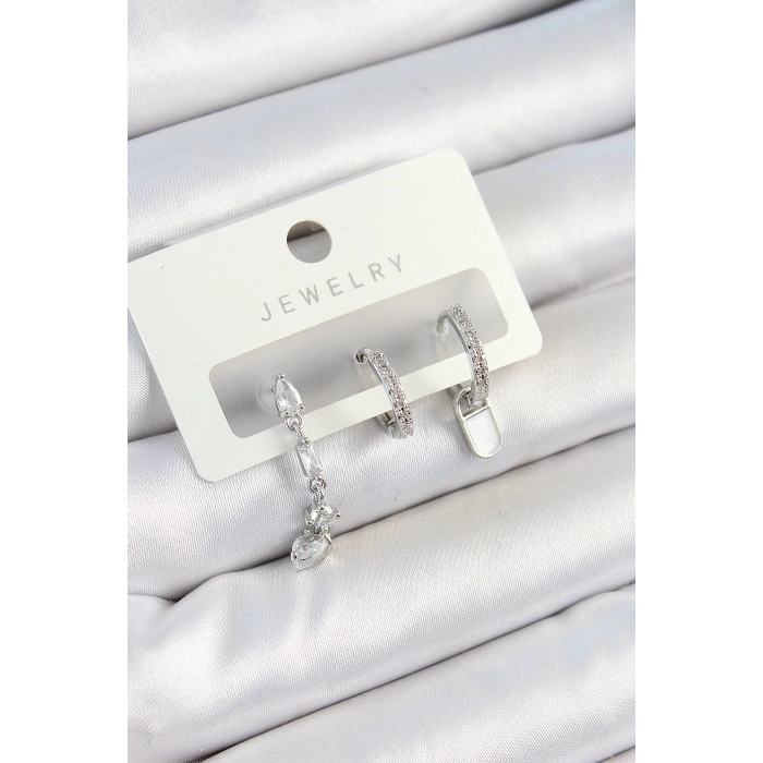 Pirinç Zirkon Taşlı Sallantılı Model Gümüş Renk 3lü Çift Kadın Küpe Set