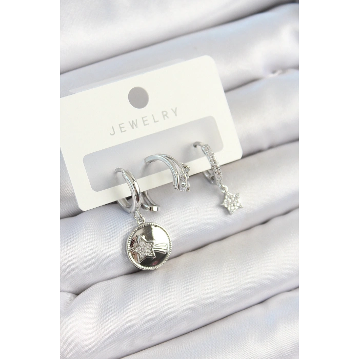 Pirinç Zirkon Taşlı Sallantılı Yıldız Model Gümüş Renk 3lü Çift Kadın Küpe Set